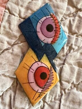 Brooch - Susan Jones 1991 - Enamel on Copper - Abstract Eyes - Signed By Artist